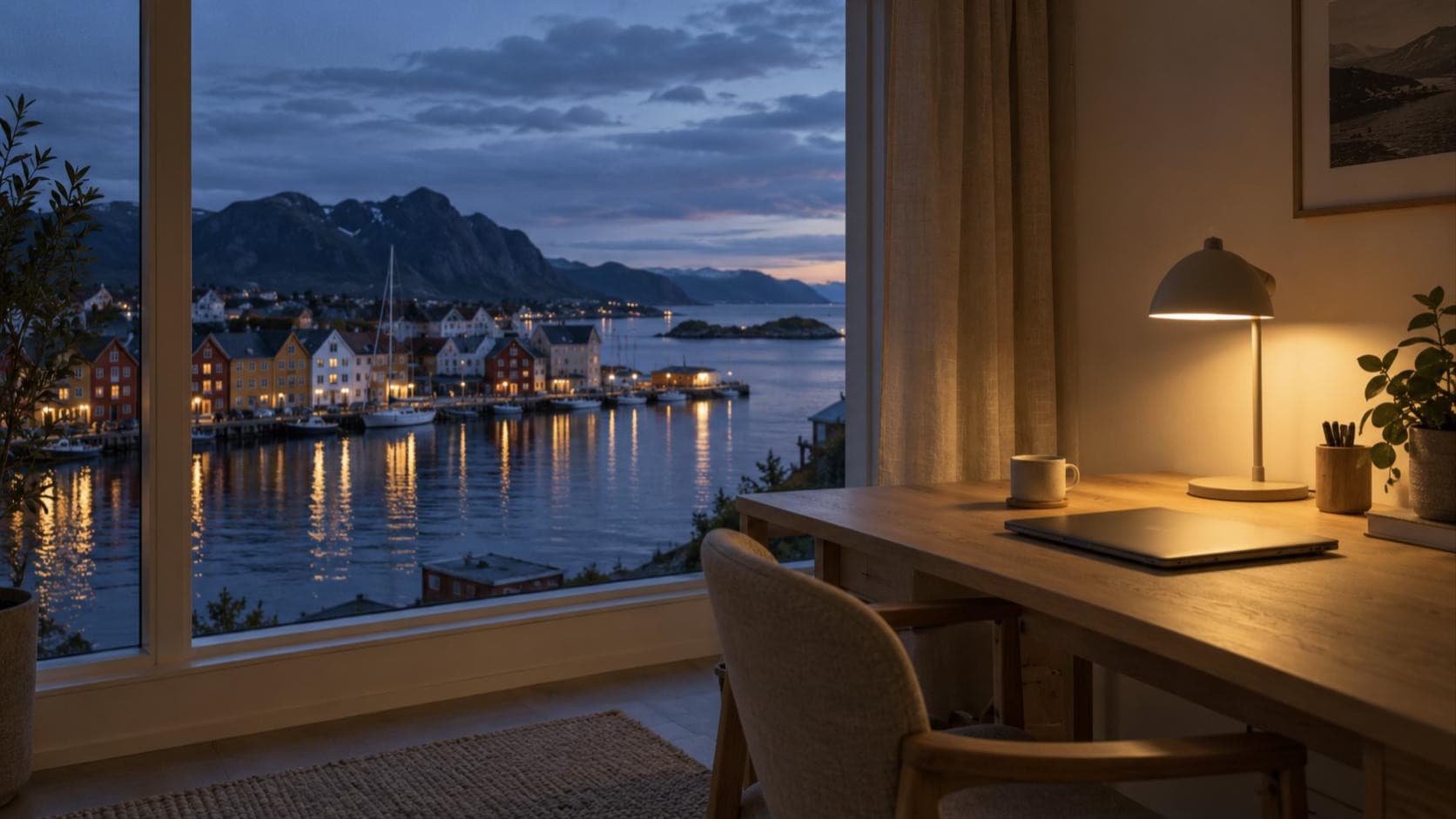Schreibtisch mit Lampe am Fenster, draußen bunte Holzhäuser an einem Hafen zur blauen Stunde