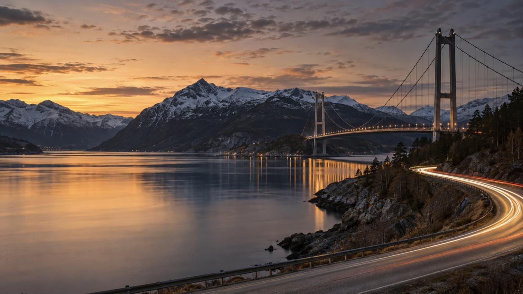Küstenstraße an einem Fjord in der Abenddämmerung mit Hängebrücke und Lichtspuren von Autos
