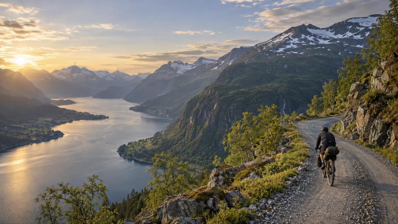 Radfahrer mit Radtaschen auf einer Schotterstraße hoch über einem Fjord im Abendlicht