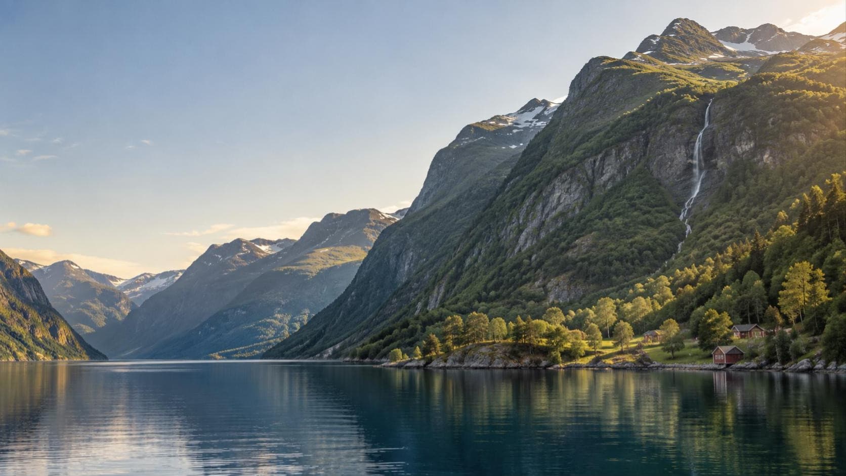 Fjord im Sommer mit grünen Hängen, Wasserfall und roten Holzhäusern am Ufer im Abendlicht