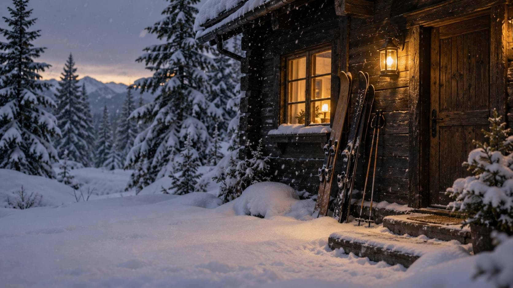 Eingang einer dunklen Holzhütte im Schnee mit angelehnten Skiern und warm erleuchtetem Fenster