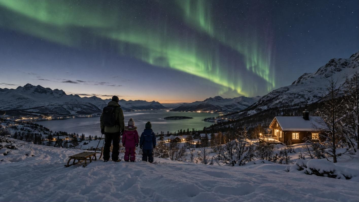 Familie mit Kindern und Schlitten auf einem Schneehügel beobachtet Nordlichter