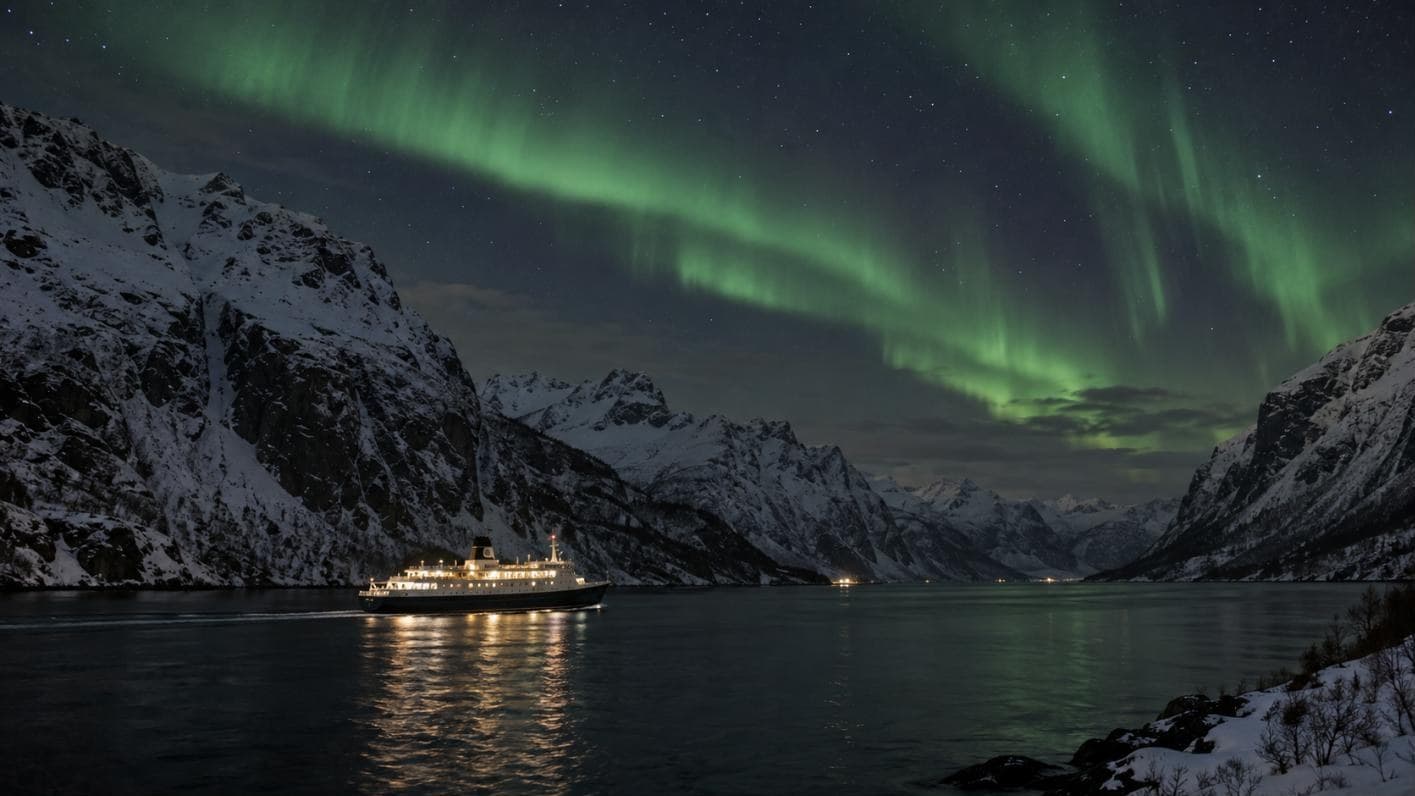 Beleuchtetes Küstenschiff in einem verschneiten Fjord unter grünen Polarlichtern