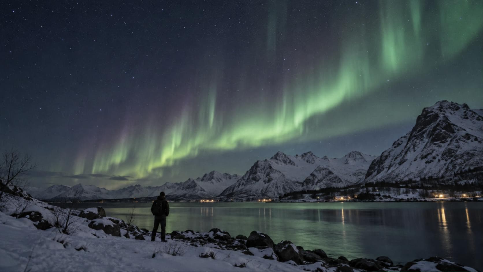 Person am verschneiten Fjordufer blickt auf grüne Polarlichter über den Bergen Nordnorwegens