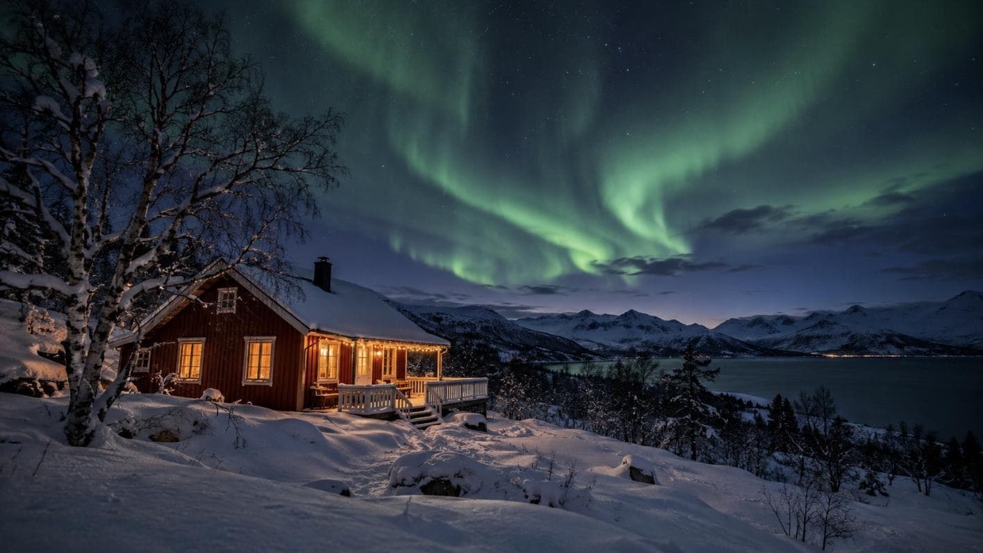Rote Holzhütte mit Lichterkette im Schnee während der Polarnacht unter Polarlichtern